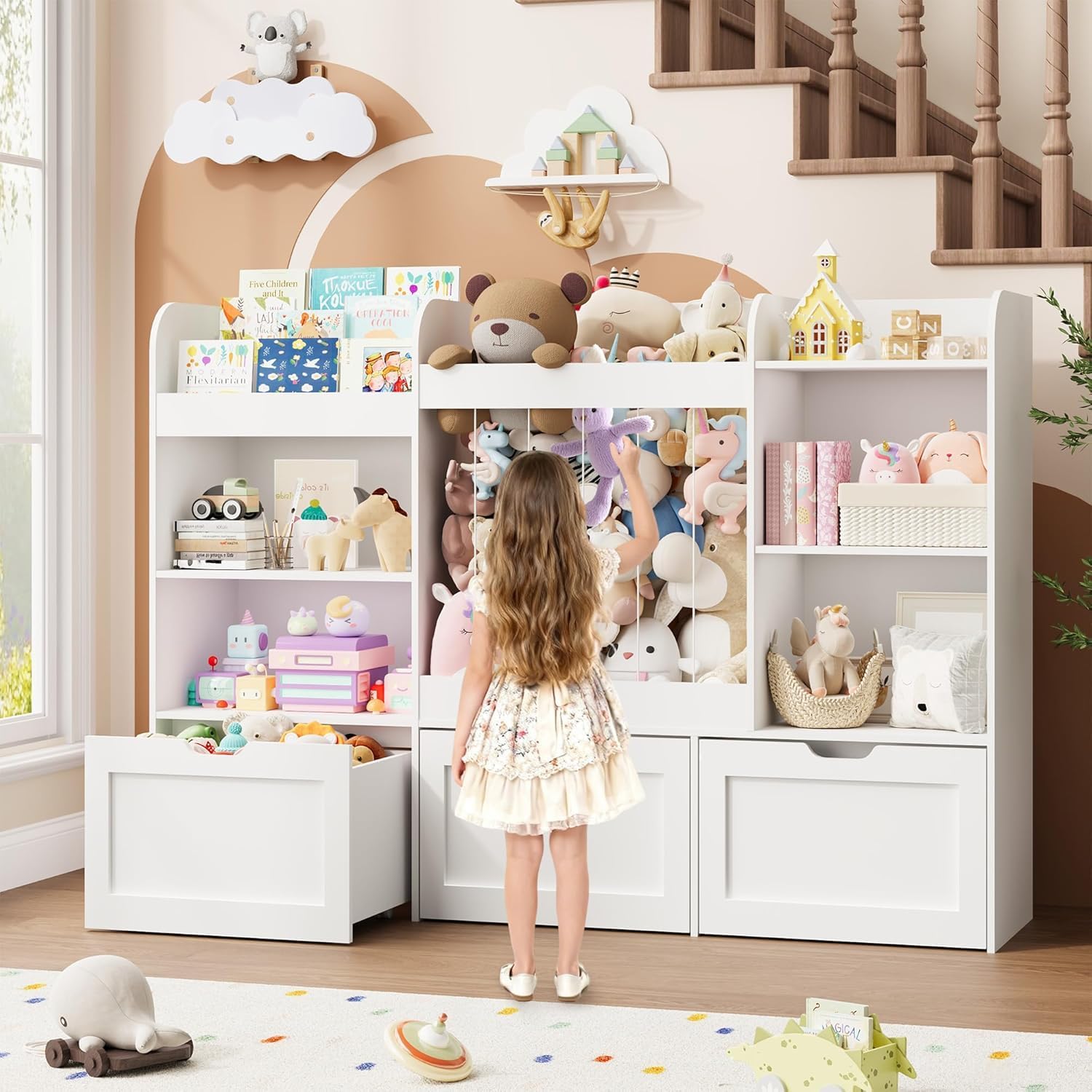 61" W Extra Large Kids Toy Storage Organizer with Bookshelf and Stuffed Animal Storage, 3 Large Movable Drawers, 4 Compartments & 3-Tier Shelves for Kids Room, Playroom, White
