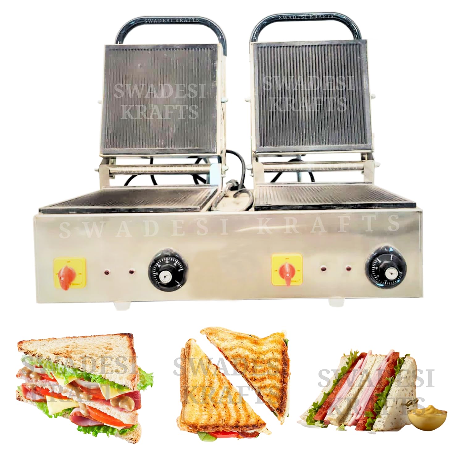 SWADESI KRAFTS Stainless Steel 202 Double Sandwich Griller 1100-Watt 4 Heater| Double Sandwich Maker 11”X12” Inch 8pcs Sandwich | Size 18”X25”X11” Inch (LXWXH)-image-45