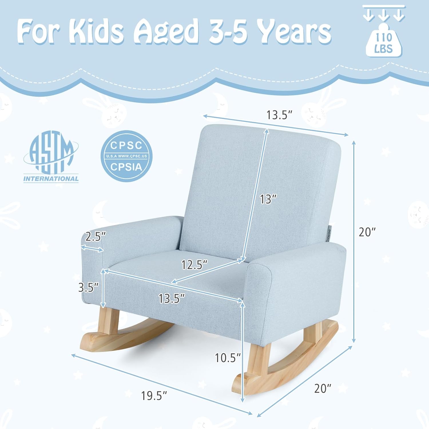 Honey Joy Toddler Rocking Chair, Kids Rocker with Solid Wood Legs & Linen Fabric, Anti-Tipping Design, Toddler Couch for Kids Room, Playroom, Nursery, Bedroom (Blue)
