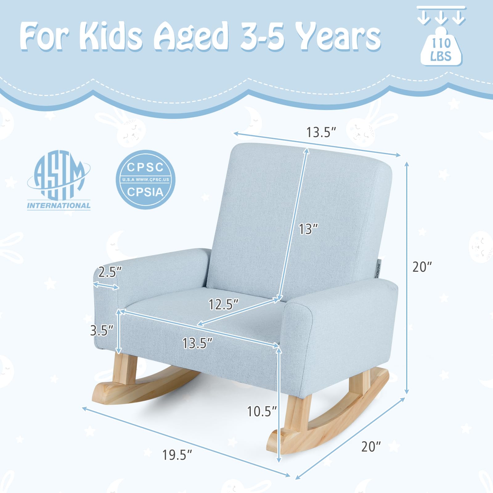 Kids Sofa Mecedora para niños, Tela de Lino, Azul, 19.5” x 20” x 20”