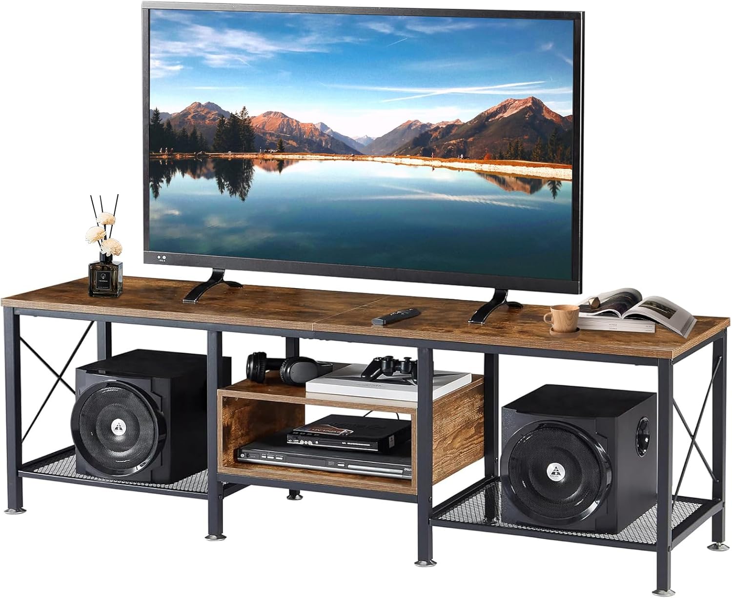FURRIFIC TV Stand in a living room with a TV and media devices