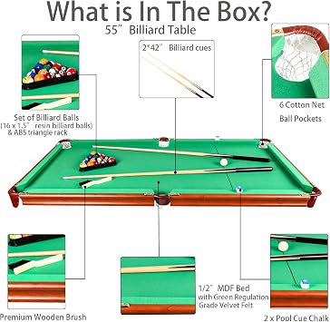 55 Folding Pool Table – Compact Billiard Table with Complete Accessories, Space-Saving Design for Kids & Adults, Includes Cues, Balls, Chalk, Rack & Brush