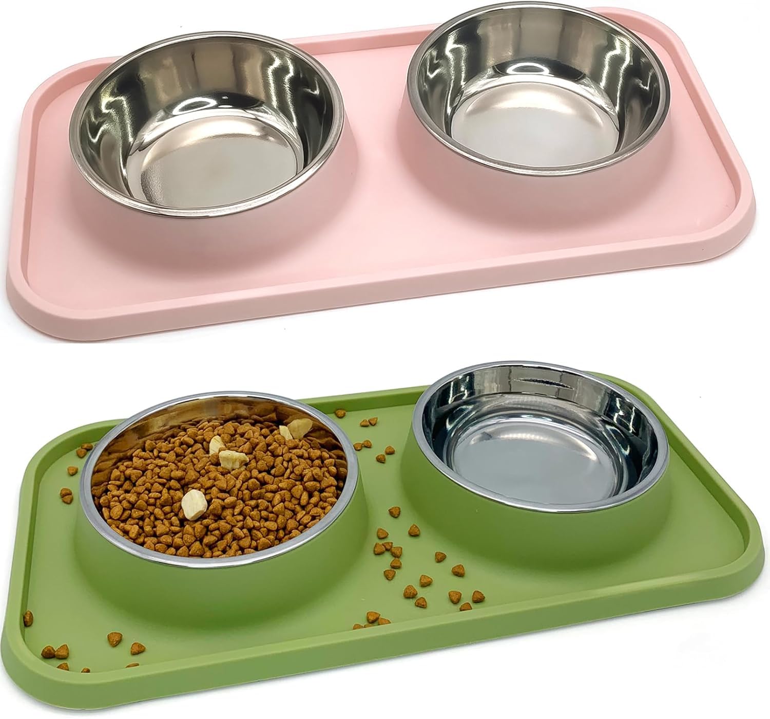 BNOSDM Lot de 2 gamelles doubles en acier inoxydable avec tapis en plastique anti-déversement pour chiot, chat, chaton (rose et vert foncé)