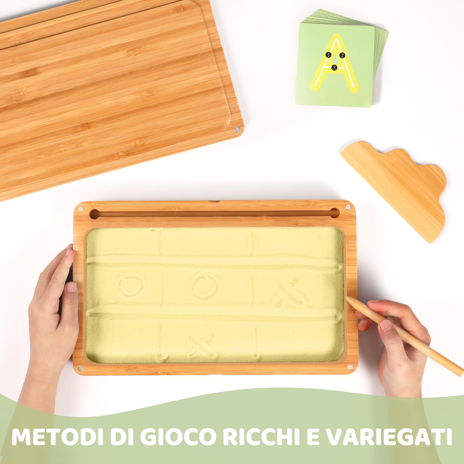 AtMini Montessori Sandtablet Primo allenamento lettere e segni giocattoli in legno educativo per lo sviluppo motorio precoce nei bambini (giallo)