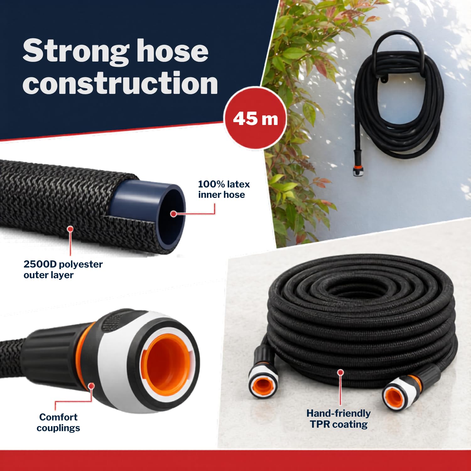 Home It® Gartenschlauch Flexibel 45m | Dehnbarer Flexschlauch mit TPR-Kupplungen | Garten Wasserschlauch mit Hochwertigem Latex im Innenmaterial | Max. 8 Bar Arbeitsdruck