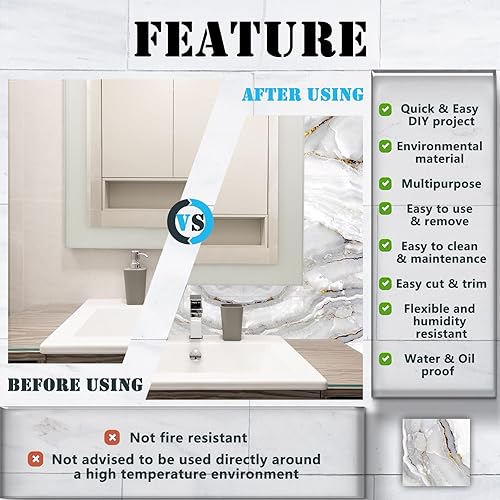 Miniatura 3 de 16 calcomanías de azulejos con patrón de mármol para decoración de cocina y baño, calcomanías para salpicaduras (8 x 8 pulgadas)