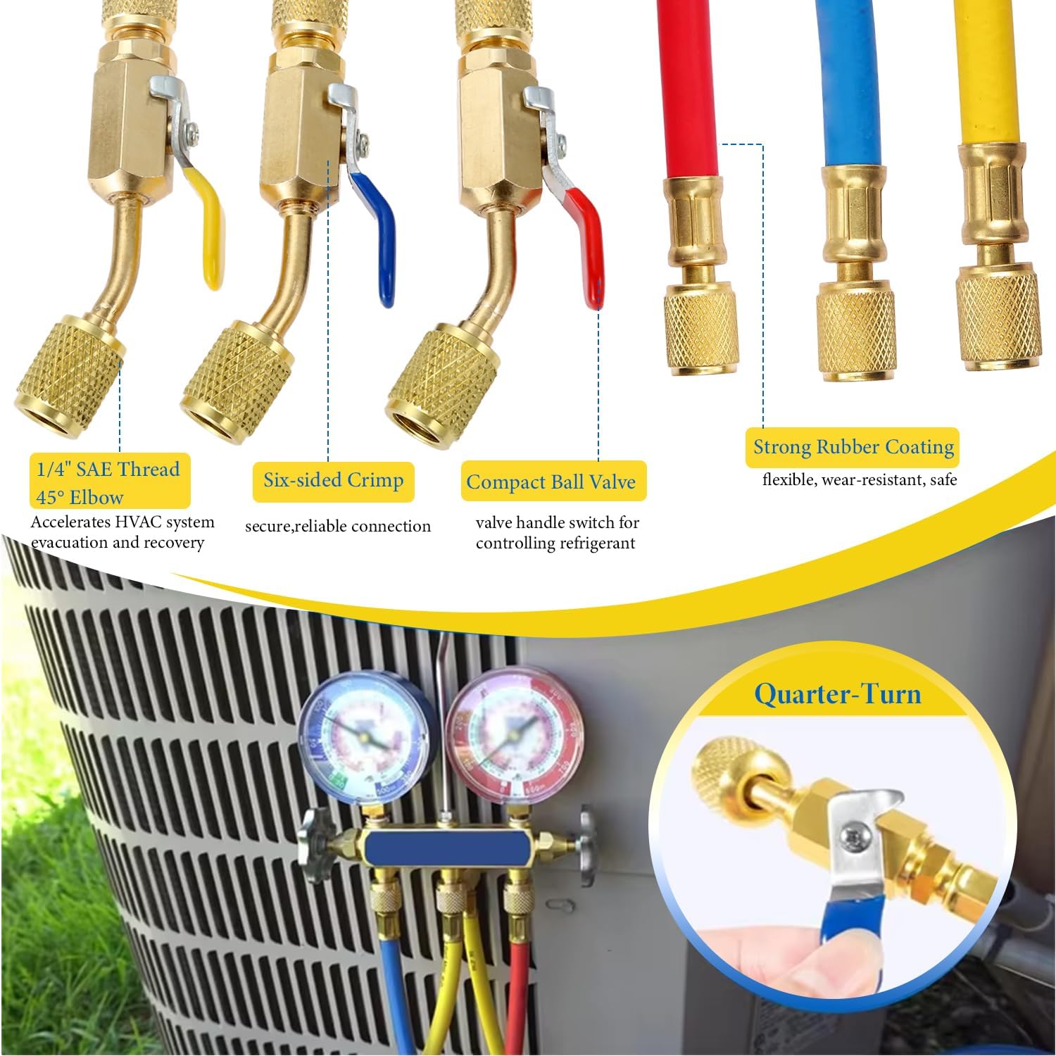 HVAC Hoses, 72“ Portable Air Conditioner Hose, 3-Color Refrigerant Hoses with Ball Valves, 1/4" Thread Hose Set for Common Refrigerants Red/Yellow/Blue (Pack of 3)