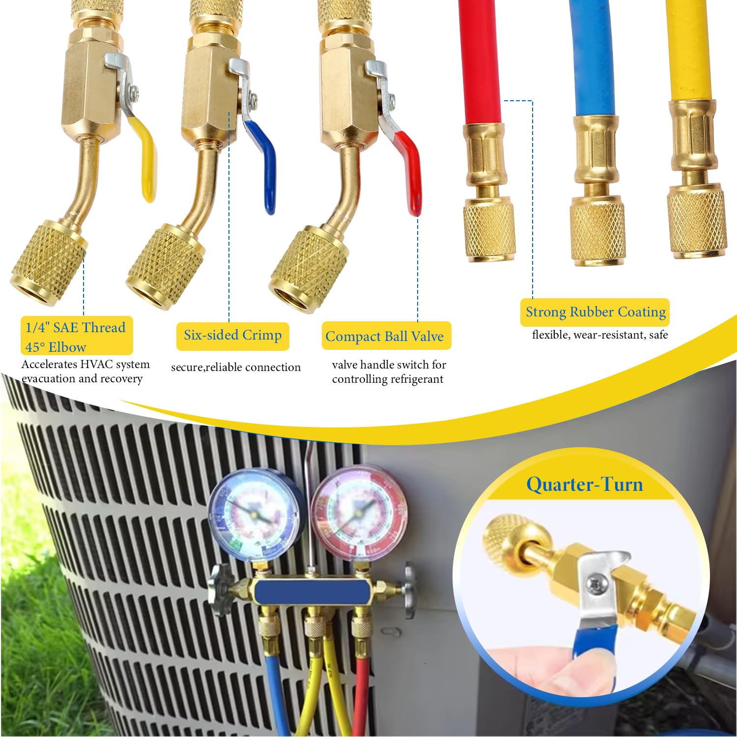 HVAC Schlauch Klimaanlage Schlauch Kältemittel Ladeschläuche mit Kugelhähnen | 182,9 cm, tragbar, 0,6 cm Gewindeschlauch für gängige Kältemittel, Rot/Gelb/Blau