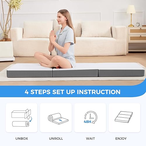 Miniatura 6 de MASVIS Colchón triple plegable de espuma viscoelástica de 4 pulgadas con funda lavable, cama de piso plegable para campamento, individual