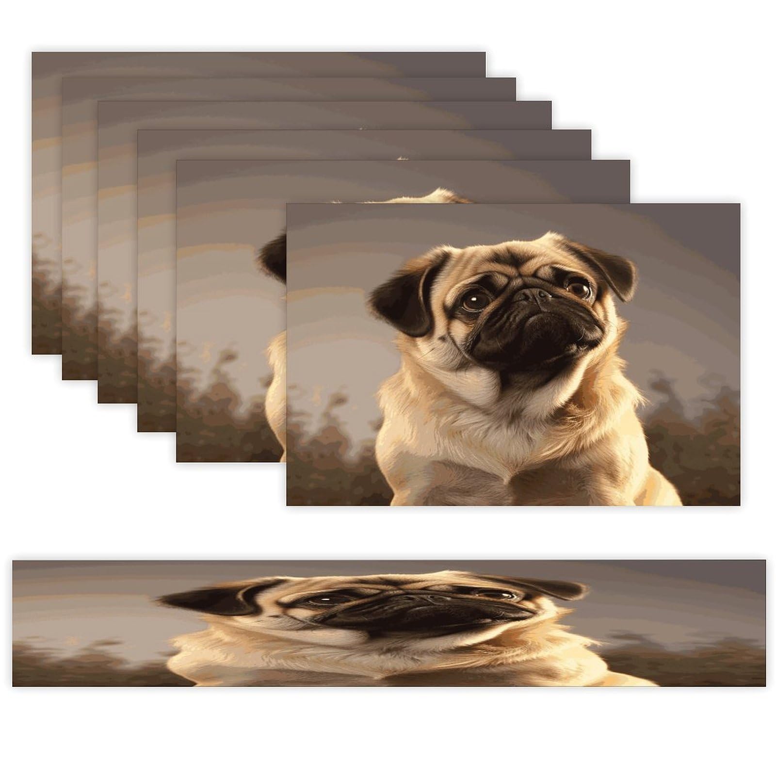 Cute Pug Dog Table Runner and Placemats Set of 6 for Kitchen Washable Table Mats Heat Resistant Place Mats Non-Slip Place Mat Wipeable Placemat(6 Placemats+1 Table Runner)