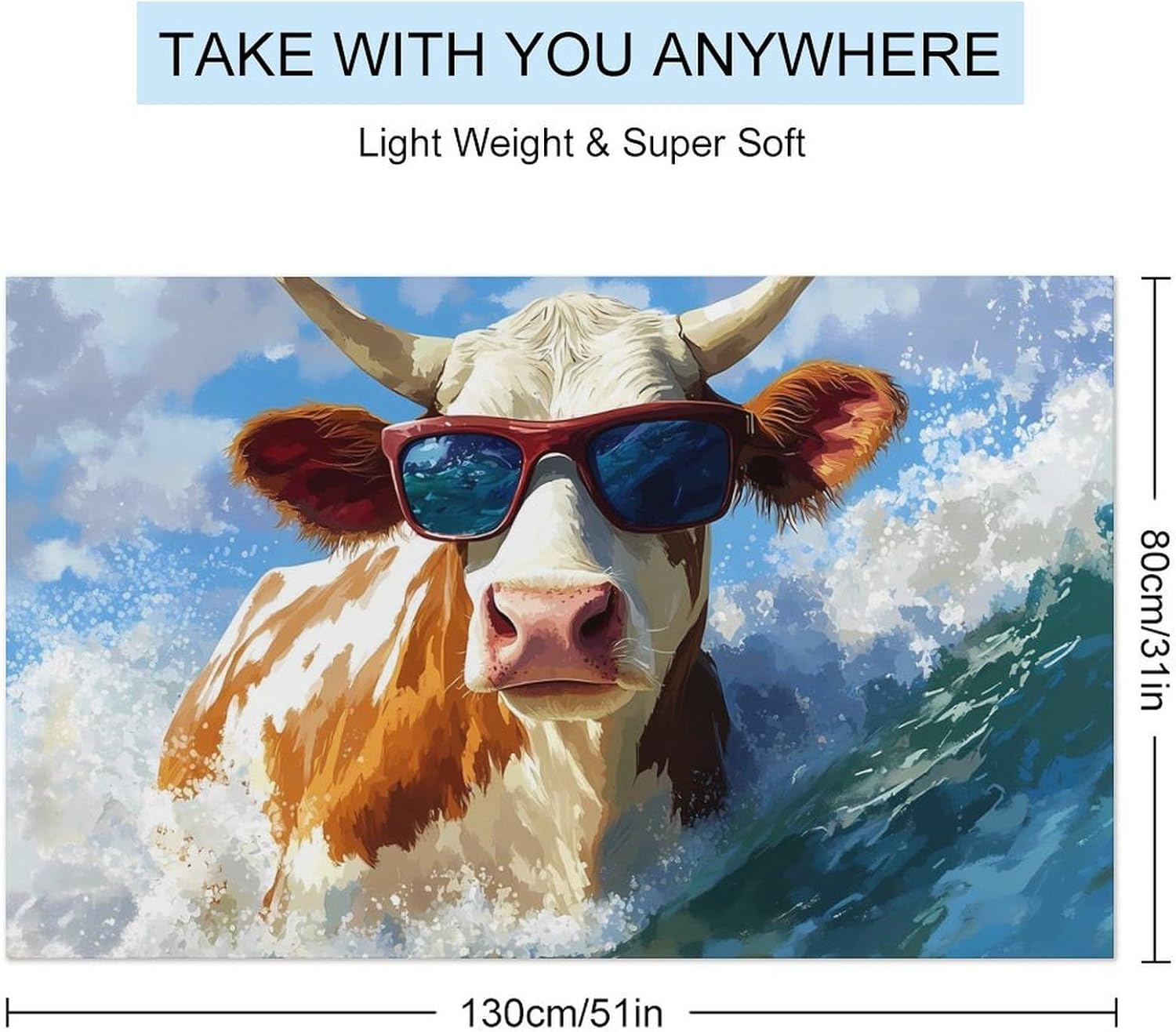 Surfing Cow Waves Oversized Beach Towel Soft Absorbent Pool Bath Swim Towels for Adults Travel Vacation Gifts 130x80cm