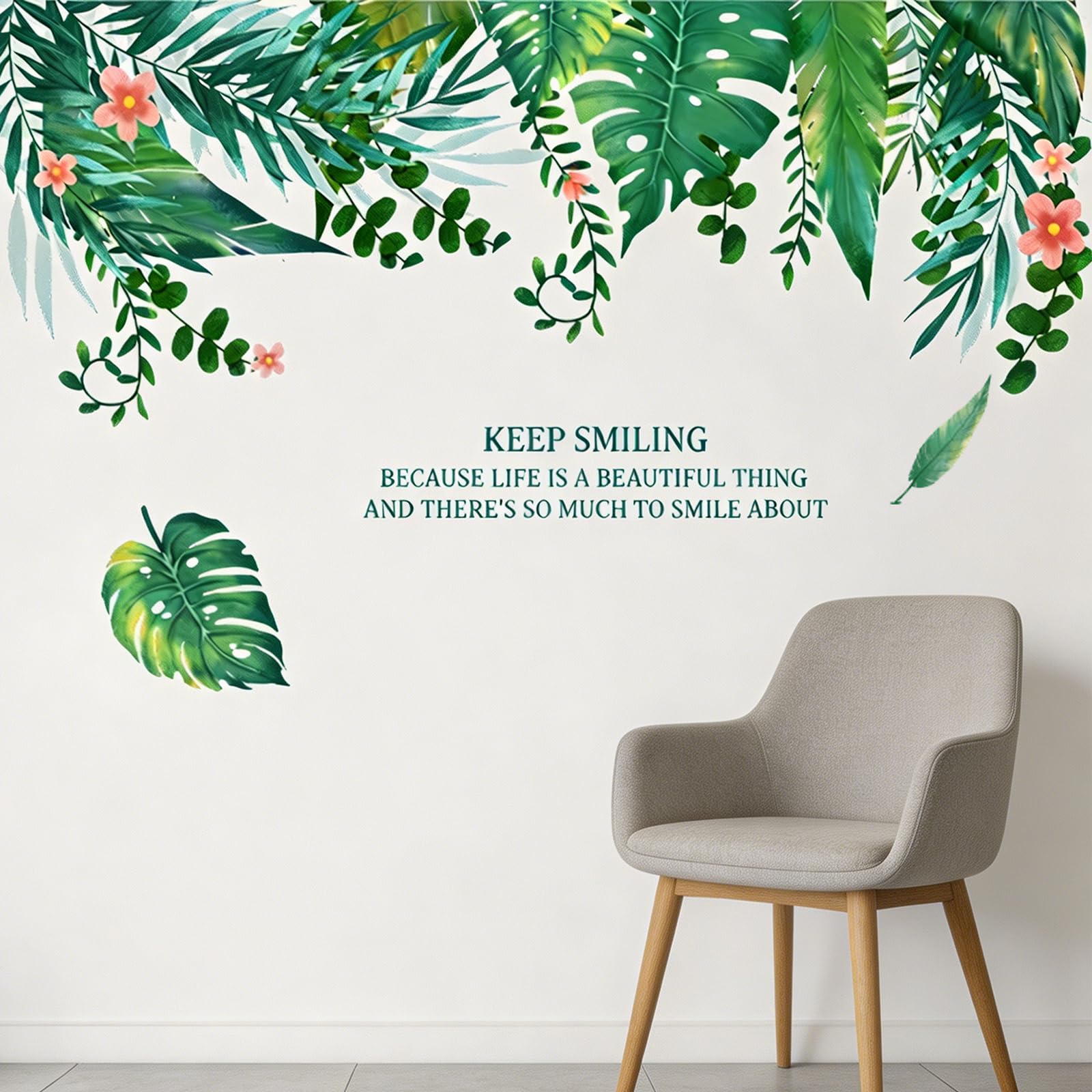 Self-Adhesive Removable Wall Stickers, Tropical Watercolor Leaves with Inspirational Quote “Keep Smiling”, Vinyl Decals for Home Decor Living Room Bedroom