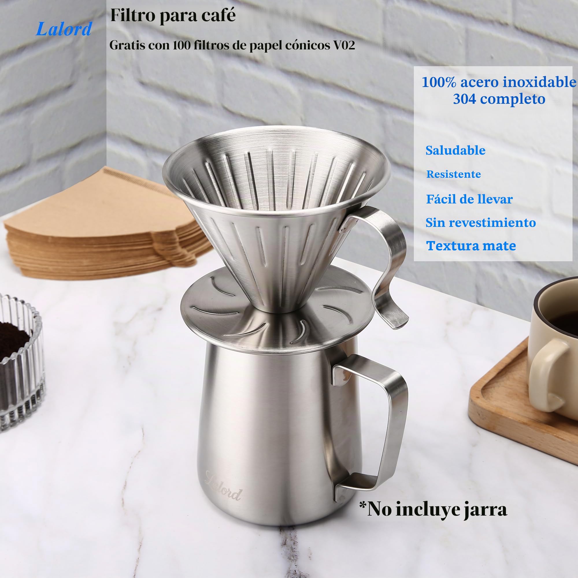 Lalord Cafetera de Acero Inoxidable 304 con 100 Filtros de Papel, Gotero de Café, 600 ml