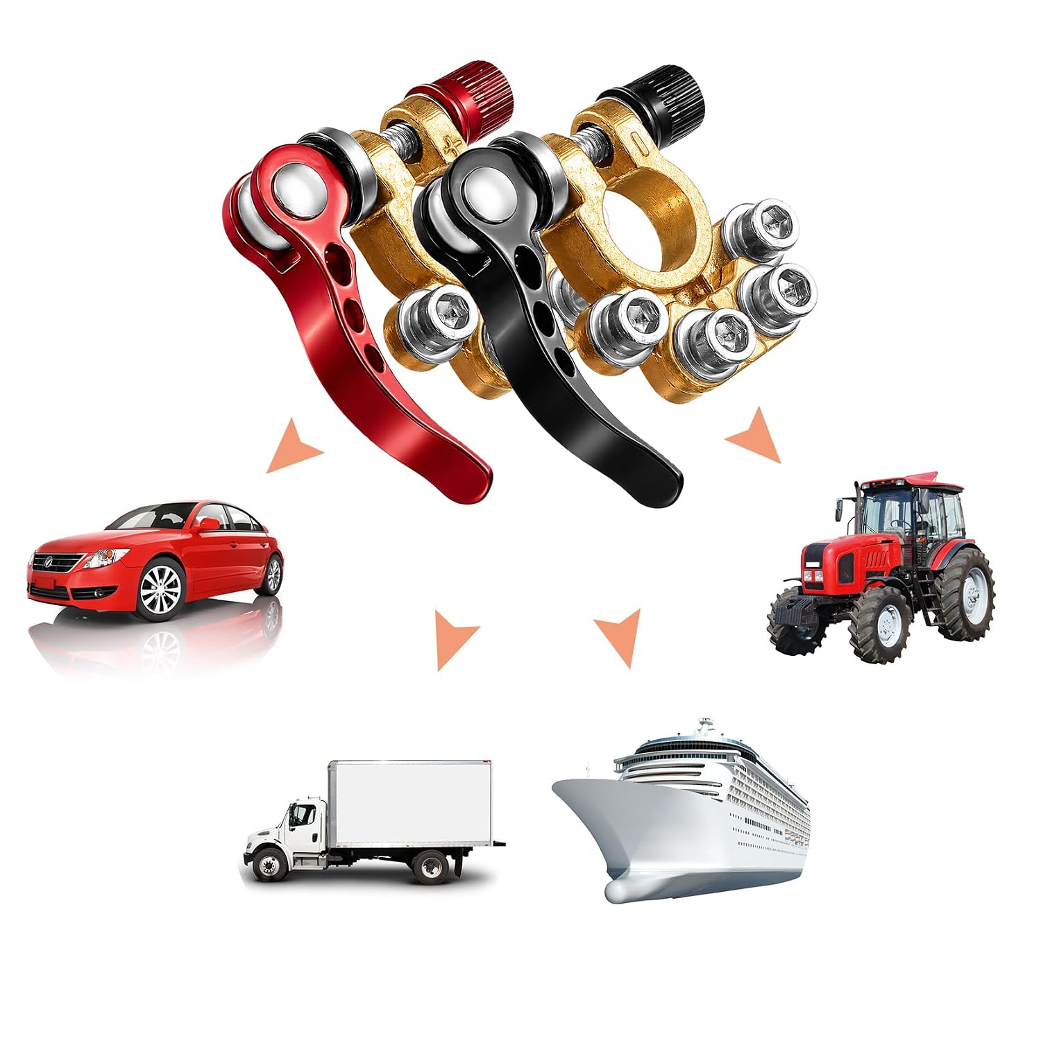 Car Battery Terminal Connectors, 2pcs Battery Terminals Top Post, 4 Way Auto Car Battery Terminals Clamps Connectors Quick Release Disconnect Positive Negative for SAE/JIS Type A Posts