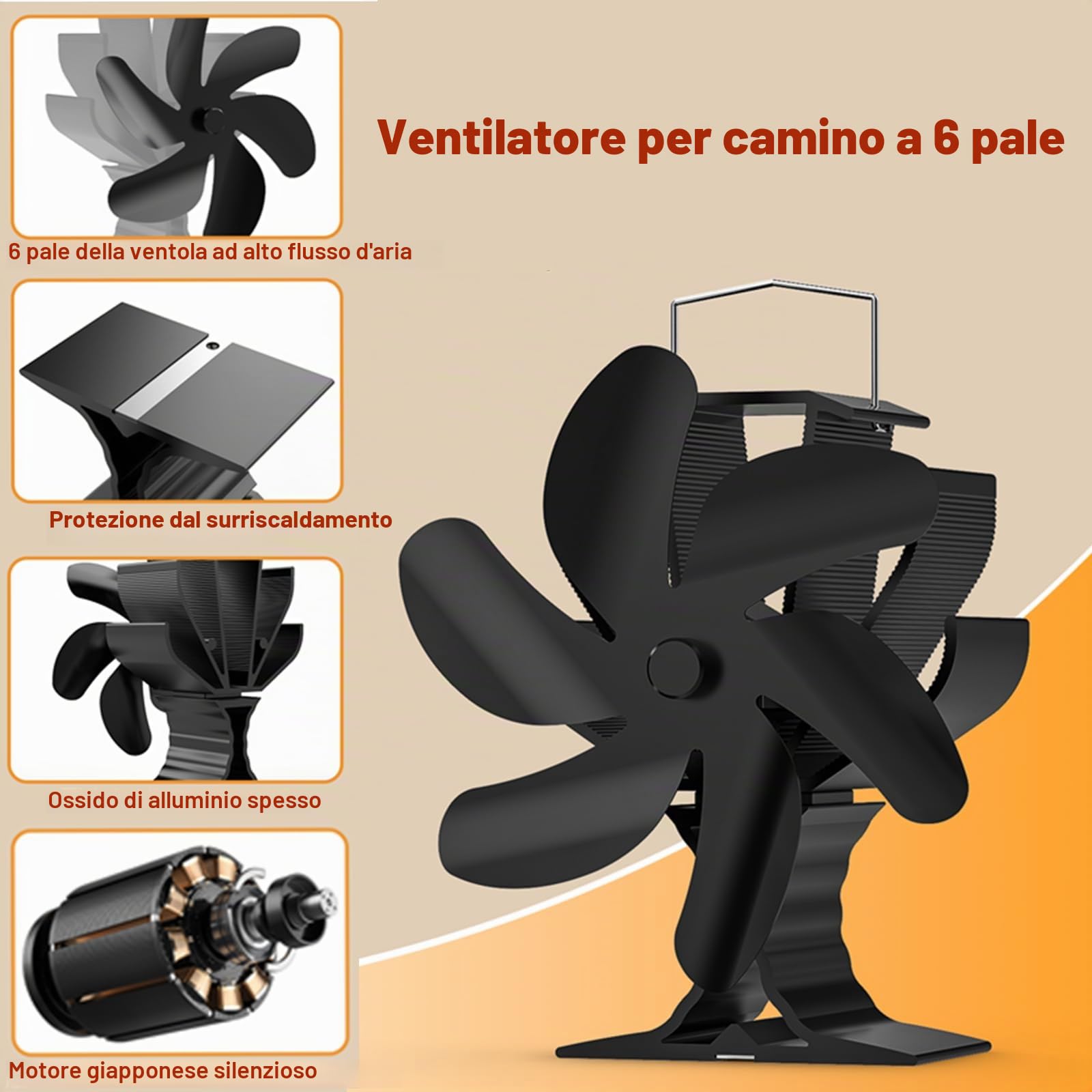 Signstek Ventilatore per stufa, ventilatore a 6 fogli, silenziosa circolazione del calore, ventilatore a legna senza corrente per stufa a legna (6)