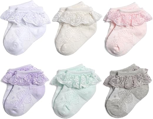 Epeius Baby-Girls Eyelet Frilly Lace Socks,Newborn/Infant/Toddler/Little Girls (Pack of 2/3/4/6), Ivory/Pink/White/Gray/Mi...