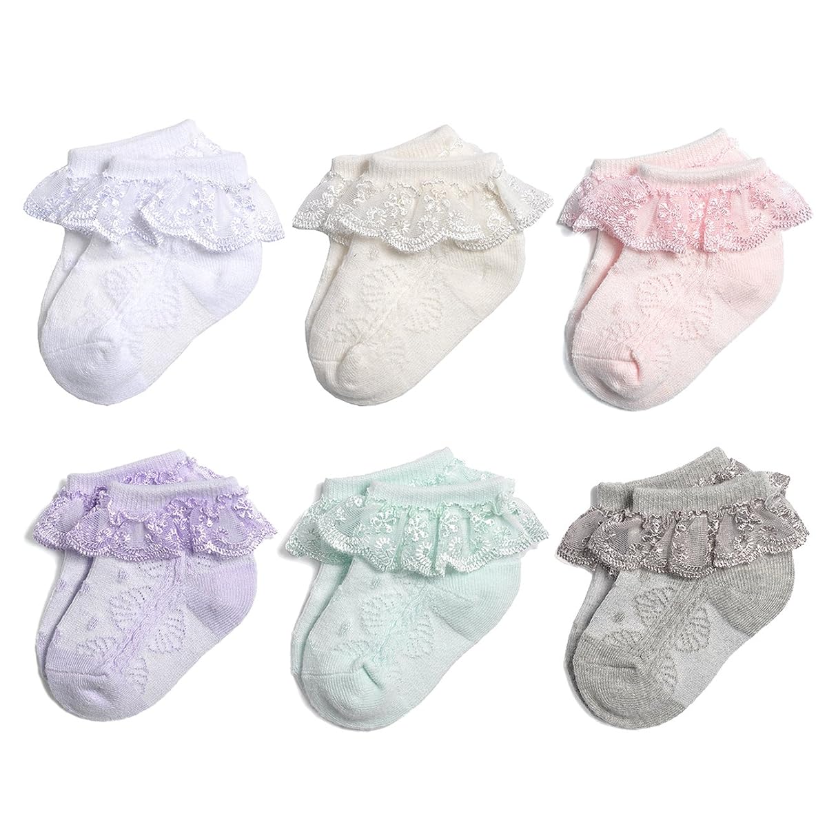 Epeius 6 Pairs Baby-Girls Infants Eyelet Frilly Lace Socks Princess Ankle Socks