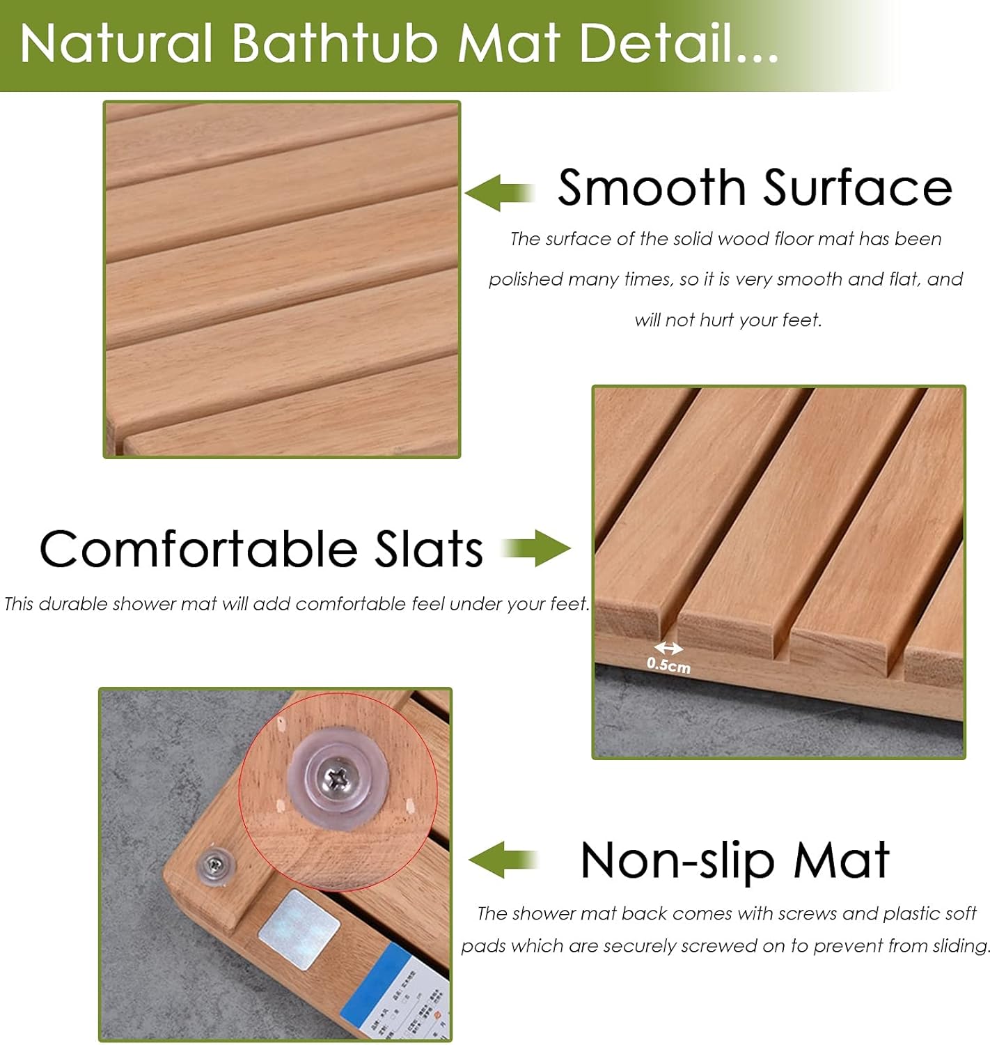 Teak Shower Mat for Inside Shower,Rectangle Square Waterproof Bath Floor Mat Extra Large Wooden Doormat,Bathroom Bathtubs Mat Slatted Design (80cmx100cm)