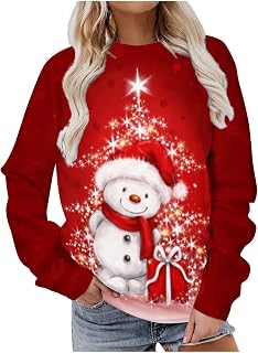Womens Christmas Sweatshirt Tops Cute Snowman Printed Tshirt Xmas Long Sleeve Pullover Casual Crewneck Loose Blouse