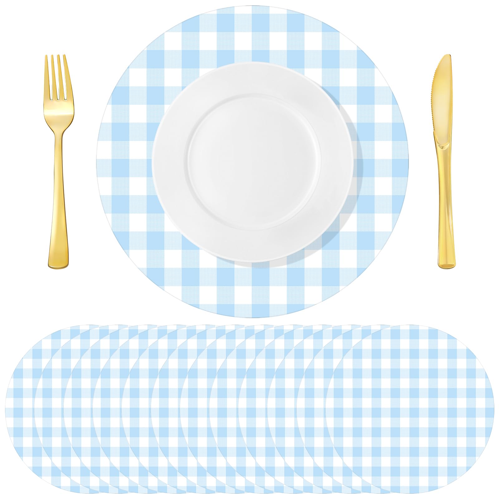 Funnymoom 60 Pcs Blue and White Gingham Disposable Paper Placemats Round Table Place Mat Summer Checkered Decorative Paper for Baby Shower Wedding