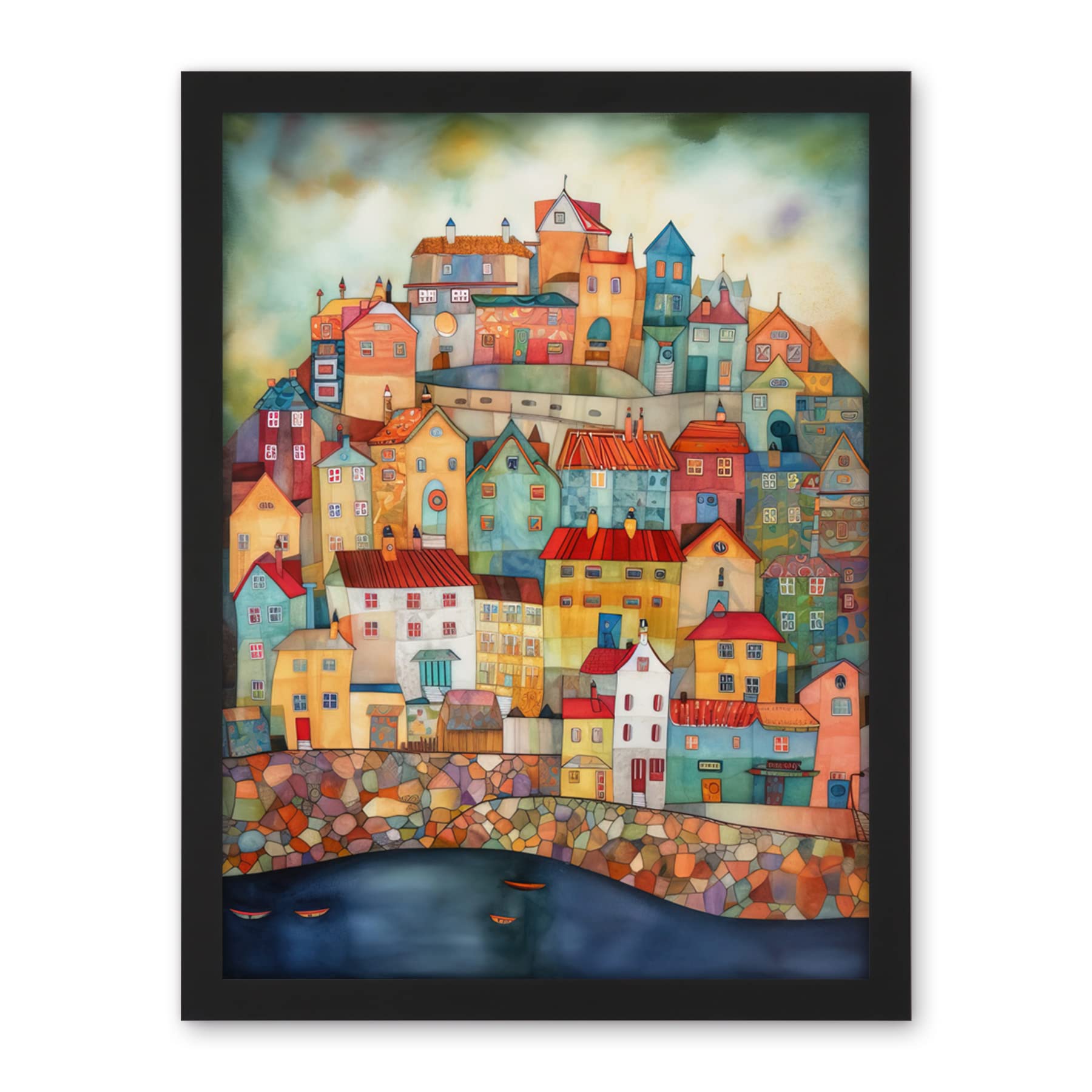 Artery8 Home By The Sea Folk Art Artwork Framed Wall Art Print 18X24 Inch
