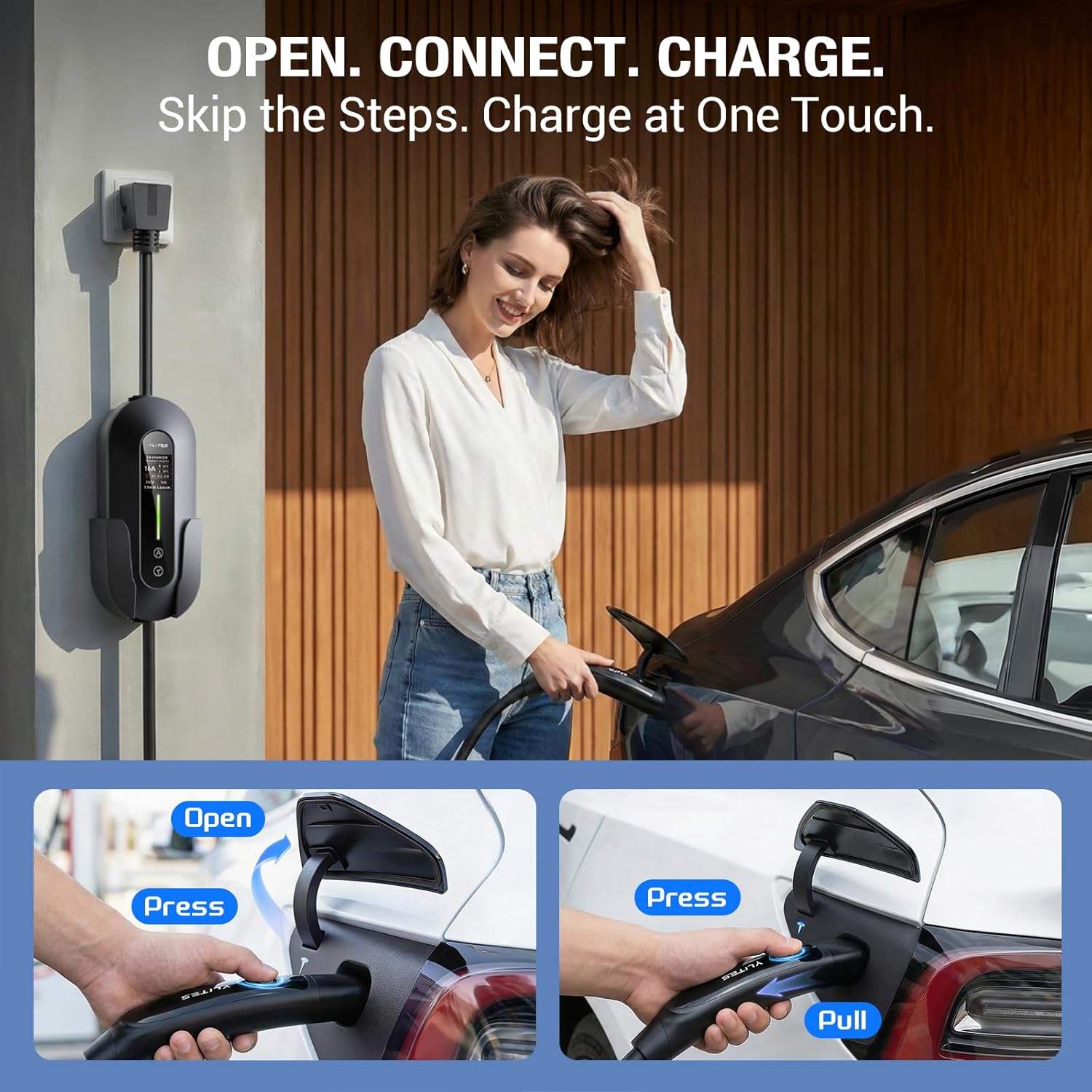 Level 1/2 for Tesla Charger, 16A Adjustable Current, Portable Electric Car EV Charger with 21 ft Charging Cable, 120V-240V, NEMA 6-20P Plug NEMA 5-15 Adapter, NACS Connector for Tesla Model Y/X/3/S