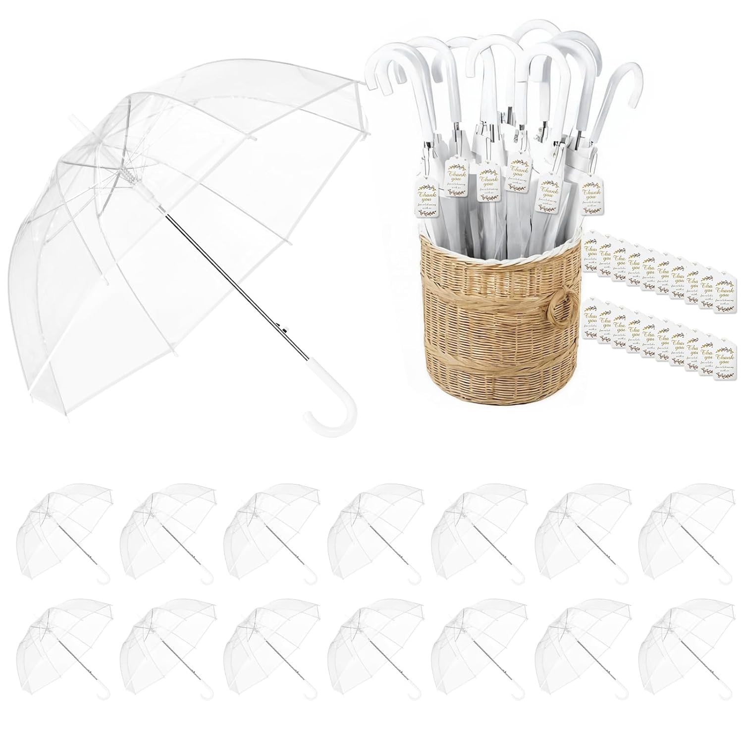 15-Pack Wedding Umbrellas Windproof Bulk with Thank You Tags Large Dome Guest Favors for Wedding Party Outdoor Photography