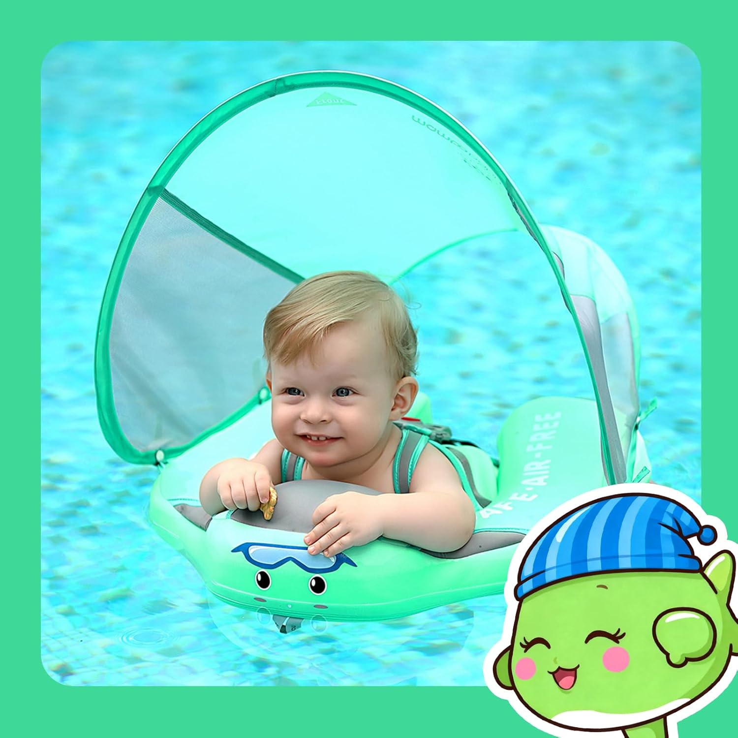 Non-Inflatable Baby Swim Float, Mambobaby Upgraded Infant Pool Float with UPF 50+ Sun Canopy – Safe Toddler Swim Trainer for 3-24 Months, Vibrant Green Mambo Fish