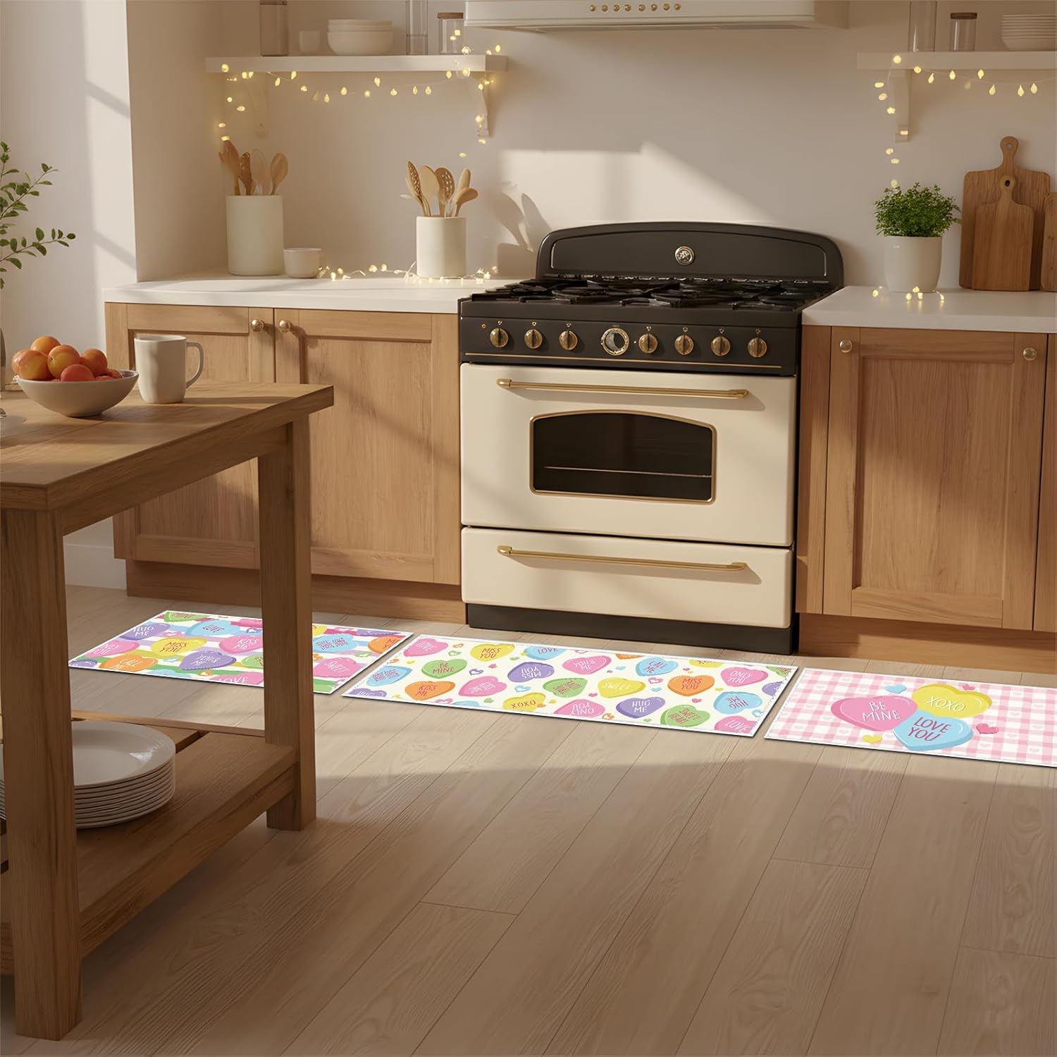 Valentines Day Kitchen Mats - Conversation Heart Themed Valentines Kitchen Rugs for Floor 3 Piece, Non-Slip Home Bedroom Washable Sweet Love Heart Decor（16x28 and 16x47 Inch）