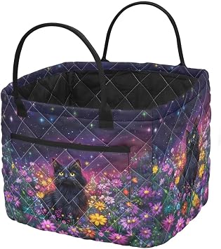Black Cartoon Cat Laundry Baskets forFoldable Decorative Quilted Storage Basket with Handles Home Organization