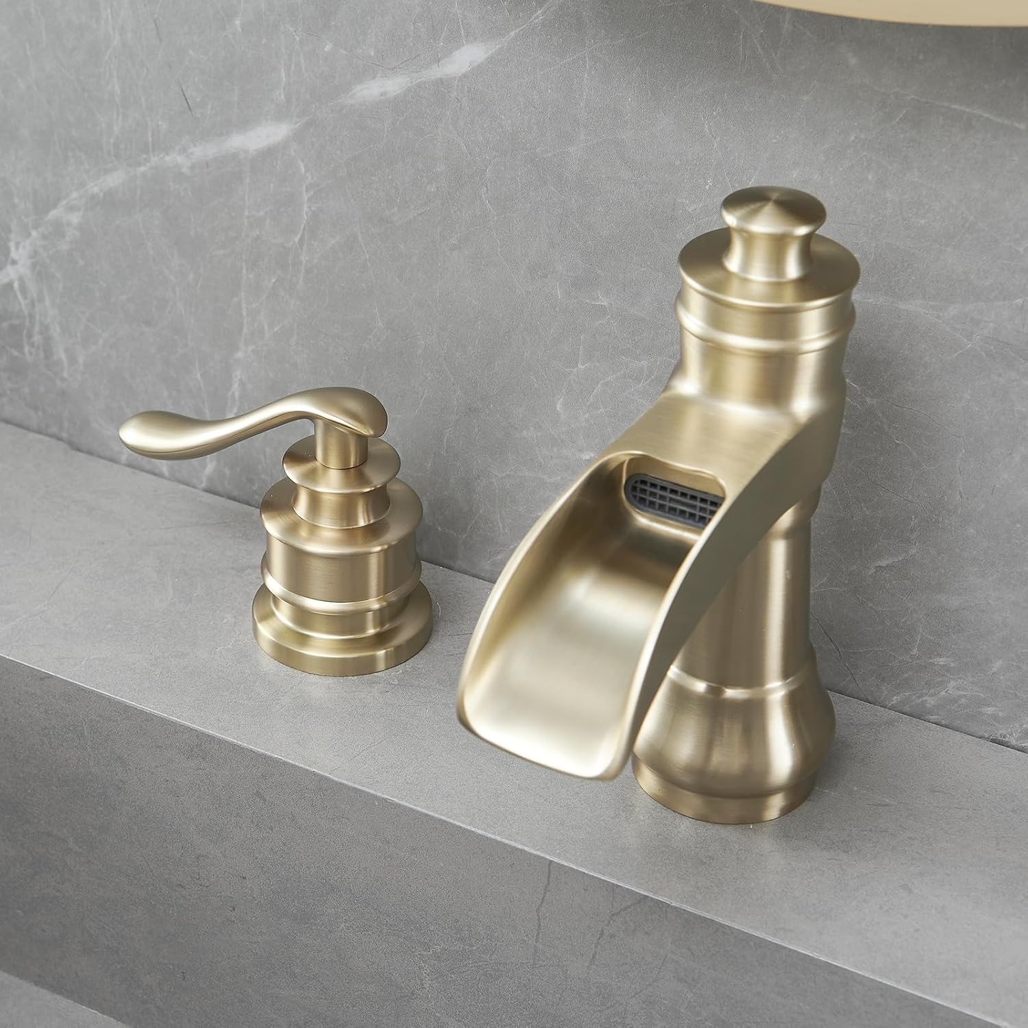 Two Handle Bathroom Faucet Gold, 3 Hole Widespread Bathroom Sink Faucet, Waterfall with Pop Up Drain Stopper, Solid Brass Mixer Tap Brushed Gold