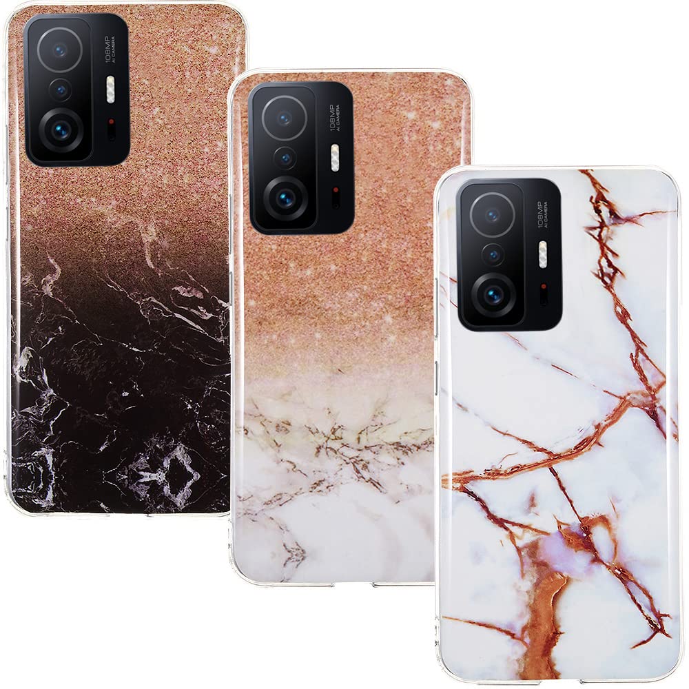 CLM-Tech Case 3X Compatible with Xiaomi 11T / Xiaomi 11T Pro 5G - TPU Silicone Case Protective Mobile Phone Case Set of 3 - Marble Brown White Multicoloured