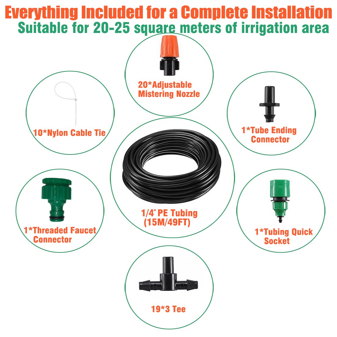 Outdoor Misting Cooling System Kit, Drip Irrigation Watering Kits, Great for Summer Mister Cooling and Plants Watering, 49FT (15M) Misting Line + 20PCS Adjustable Misting Nozzles + 1PC Quick Adapter