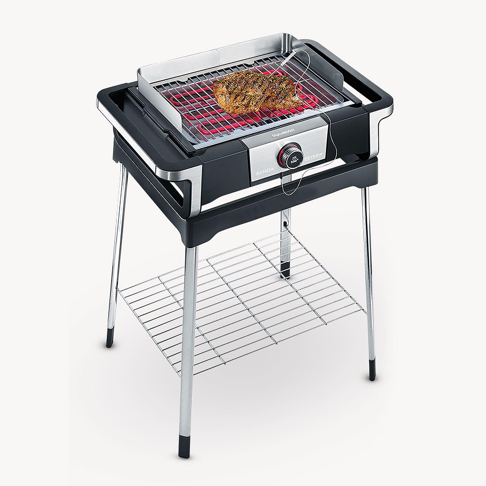 SEVERIN Barbecue électrique SENOA DigitalBOOST S, Gril électrique 3 000 W, Barbecue électrique sur pieds avec démarrage rapide jusqu’à 500°C, Affichage OLED, Sonde thermique, Inox/Noir, PG 8118