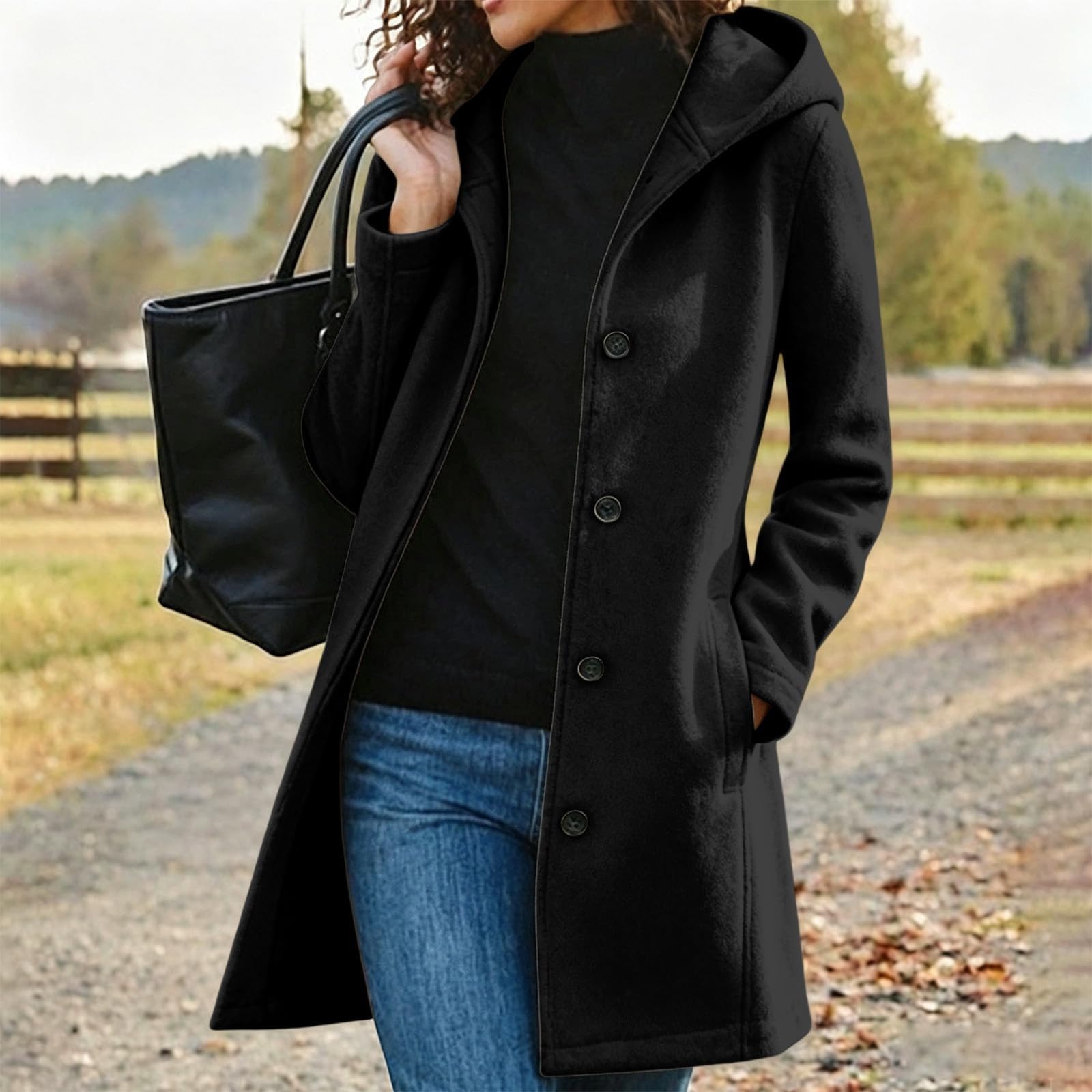 Générique Manteau Femme Long à Capuche Boutonné Hiver Veste Élégante Casual