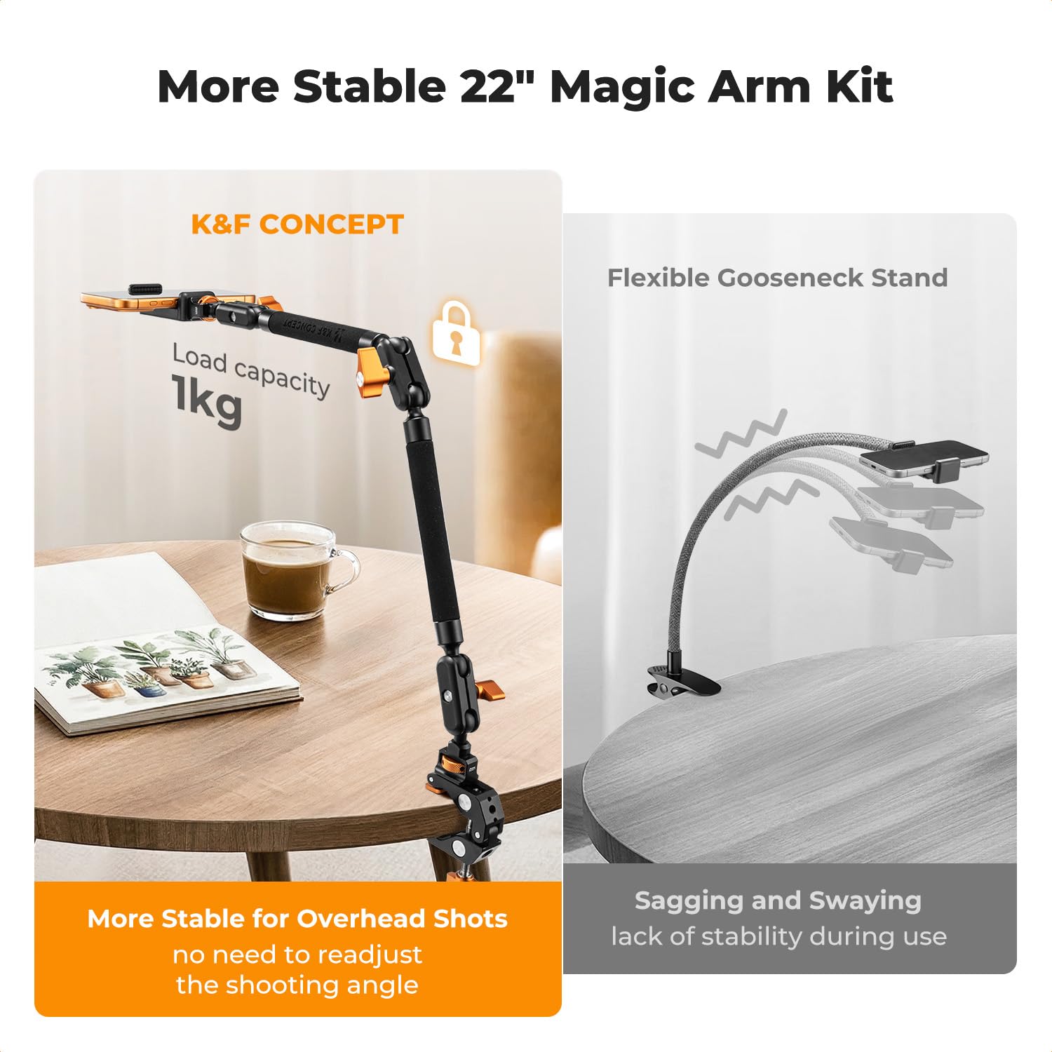 K&F CONCEPT 22" Magic Arm z zaciskiem, specjalnie zaprojektowany do kamer stacjonarnych, monitorów, mikrofonów i telefonów komórkowych z podwójną głowicą kulową; ramię obrotowe kompatybilne z iPhone'e