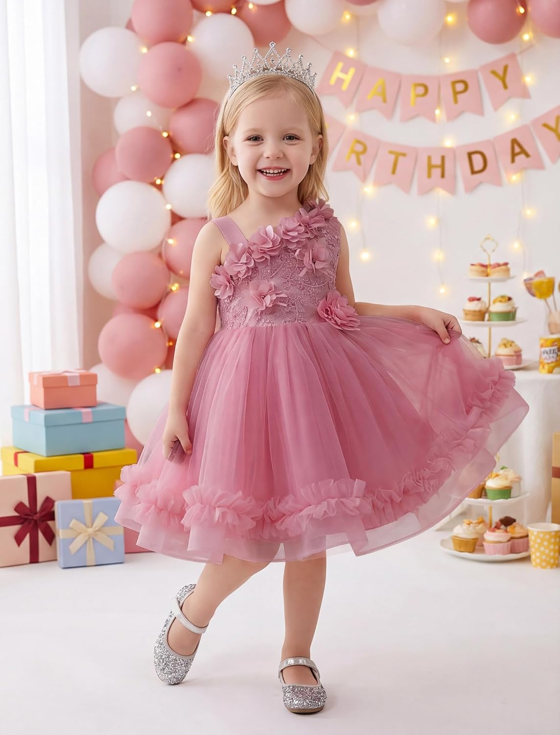 IMEKIS Toddler Baby Flower Girls Asymmetric Shoulder Formal Birthday Wedding Party Tiered Tulle Gowns 3M-6T
