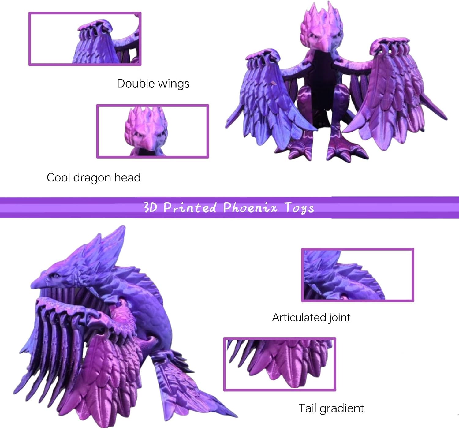 8.7 Inch 3D Printed Articulated Phoenix - Flexible Fidget Figurine, Stress Relief Toy, Desktop Cool Decoration for Festive Gifting (King of Birds) & All Occasions (Laser Green)