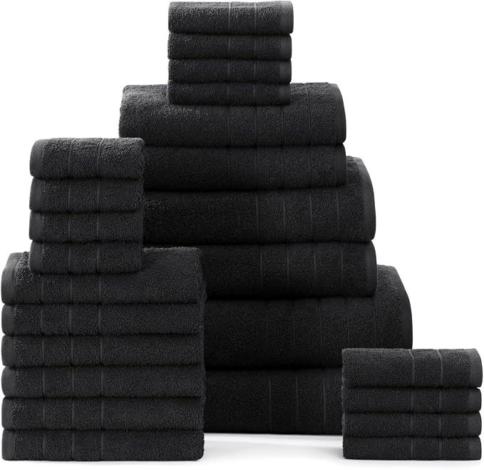 Casa Platino 24 Piece Towels for Bathroom - 100% Ring Spun Cotton - 2 Bath Sheets, 2 Large Bath Towels, 2 Medium Gym Towels, 6 Hand Towels, 4 Face Cloths - Ultra Soft & Very Absorbent - Black