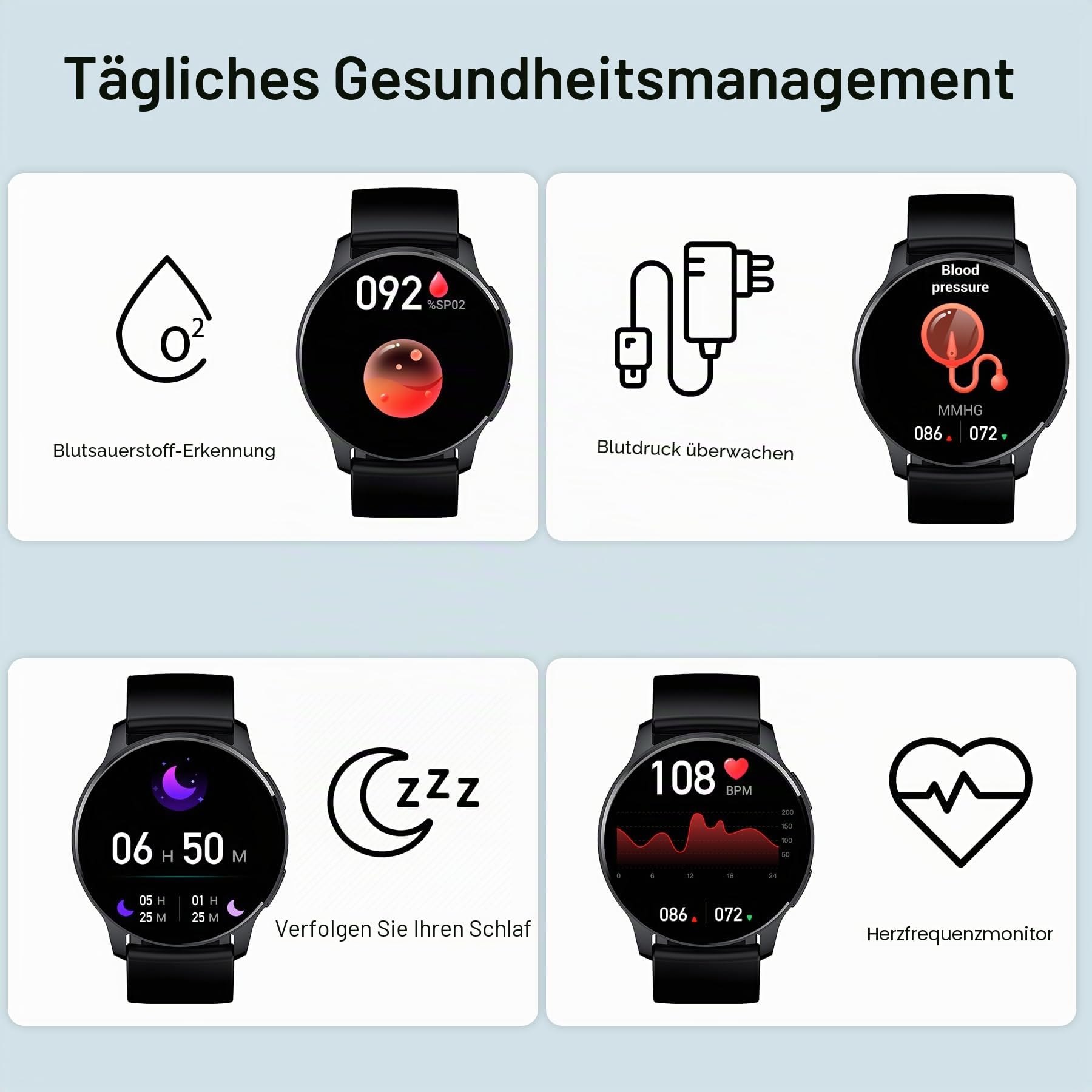 Batatree Smartwatch Herren Damen, 1,32" Smart Watch mit Telefonfunktion, 120+ Sportmodi Fitnessuhr Schrittzähler Armbanduhr mit Herzfrequenz SpO2 Schlafmonitor, IP67 Sportuhr für Android iOS, Schwarz