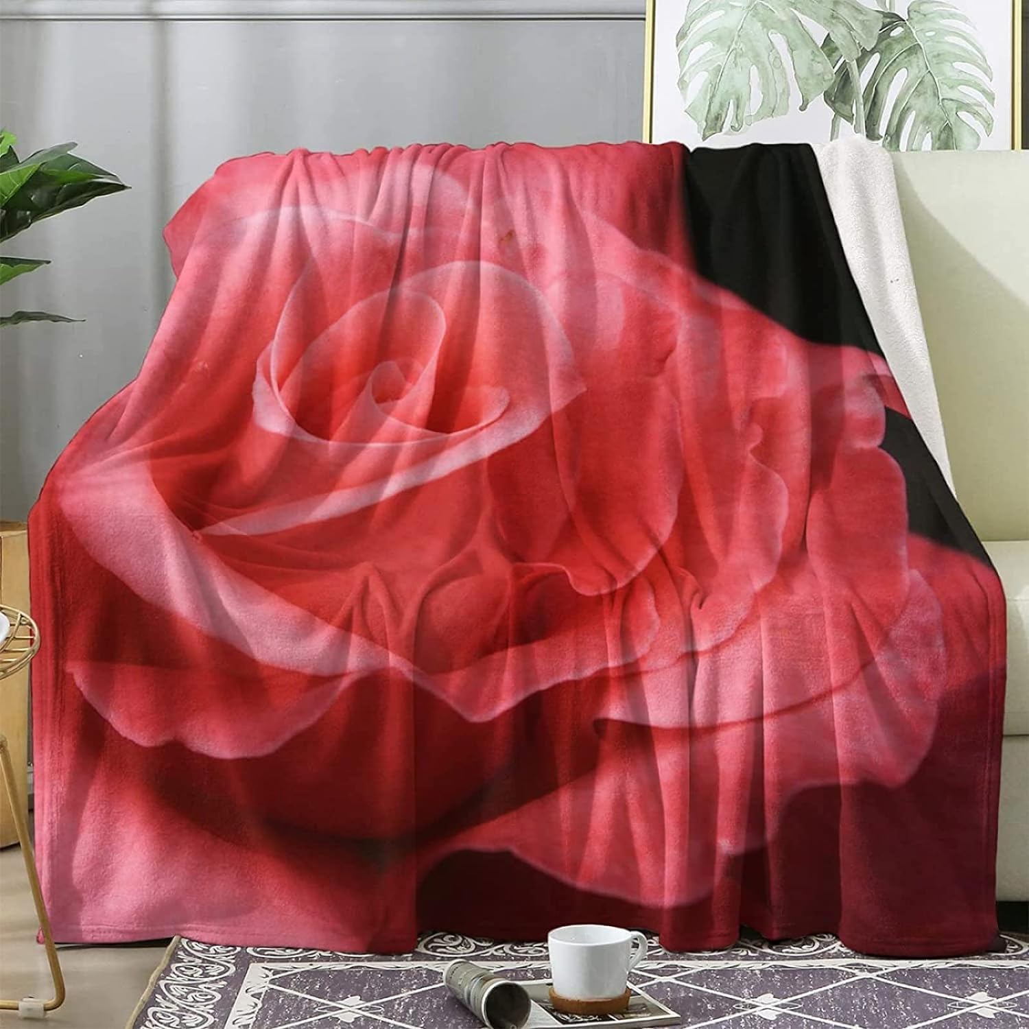 Couverture Polaire 180 x 220 cm Rouge, Plaid Polaire Rose Couverture 3D Imprimée Flanelle Blanket Literie 2 Personnes, Couvertures Doux et Chaude pour Canape Lit J695