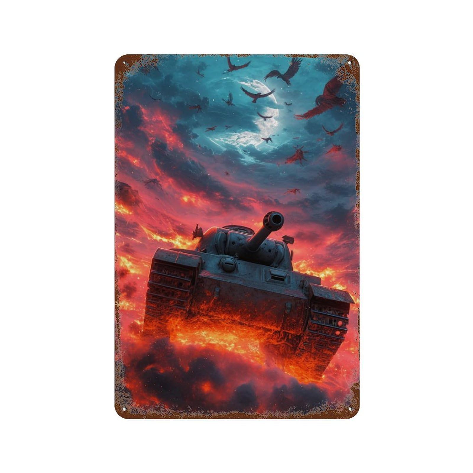 War Tank in Fiery Sky Vintage Rust Metal Sign 11.8"x7.9", Shabby Chic Decor for Living Room, Hallway And Home Decor