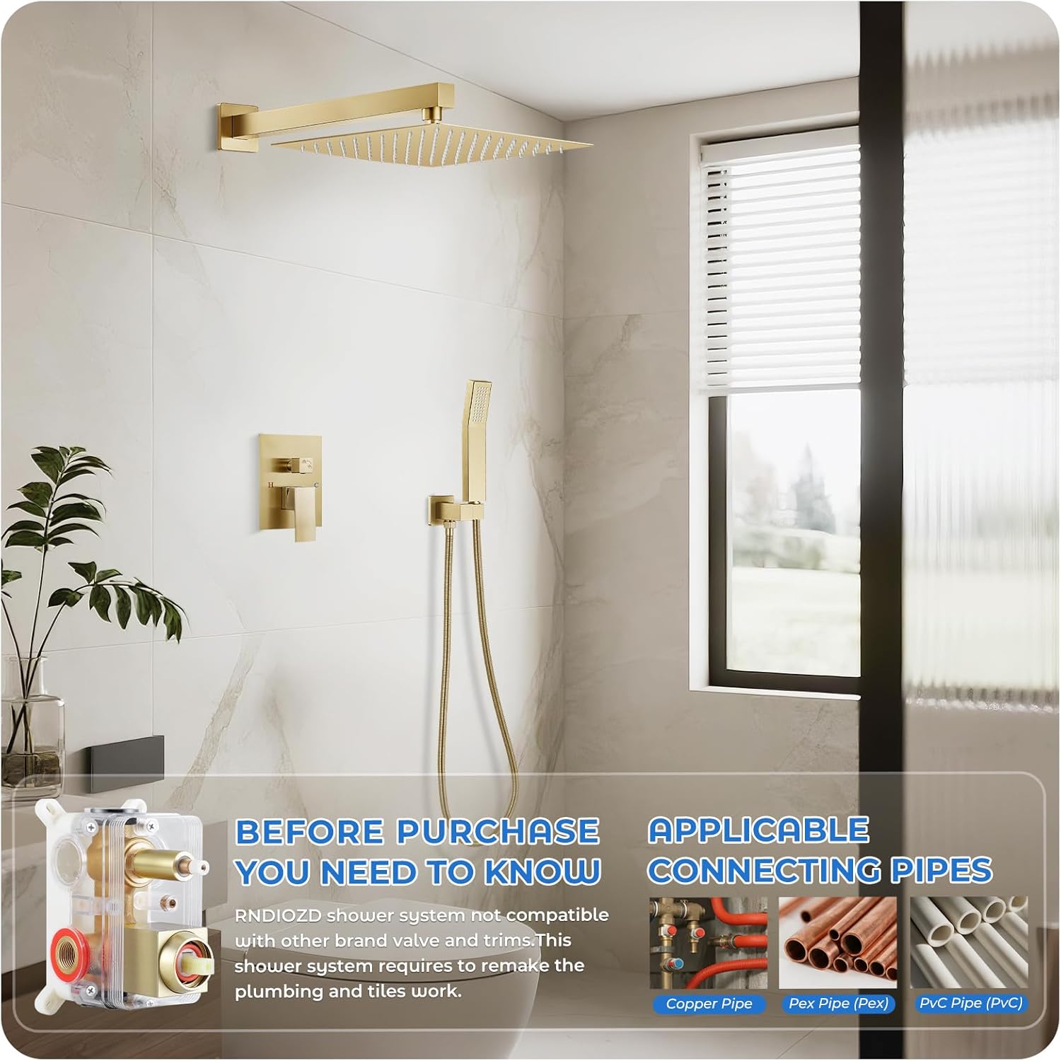 Gold Shower Faucet Set, 10 inch Rain Shower System with Pressure Balance Valve, Wall Mounted 2-Functions Bathroom Shower Systems with Rain Shower and Handheld Spray Shower Trim Included 10 Inch Brushed Gold