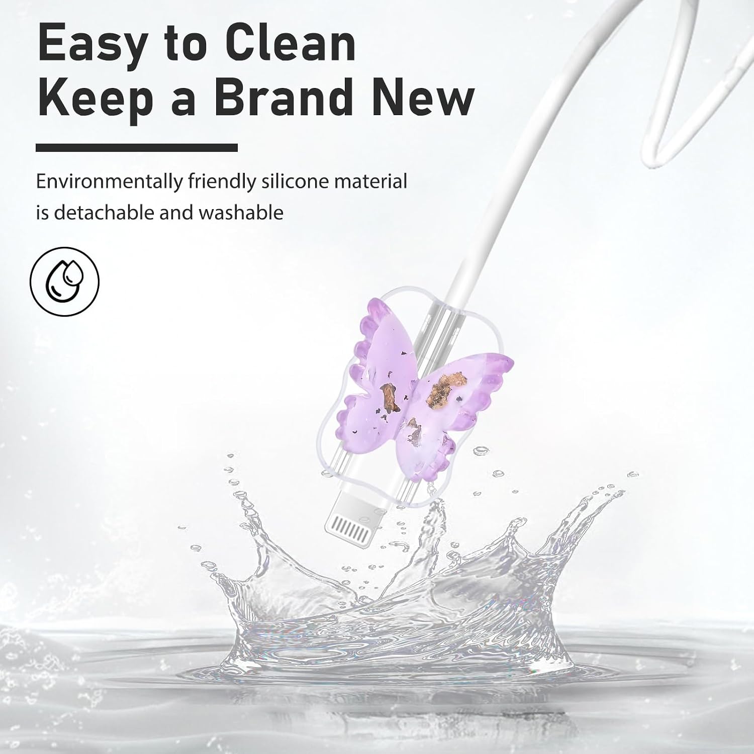 Glitter Wave Cable Protector for iPhone 18W/20W Adapter Charger, Cute Luxury Butterfly Pattern, Clear Data Line Cable USB-C Wire Saver Charger Protector for iPhone 11 12 13 14 15 Pro Max-Purple