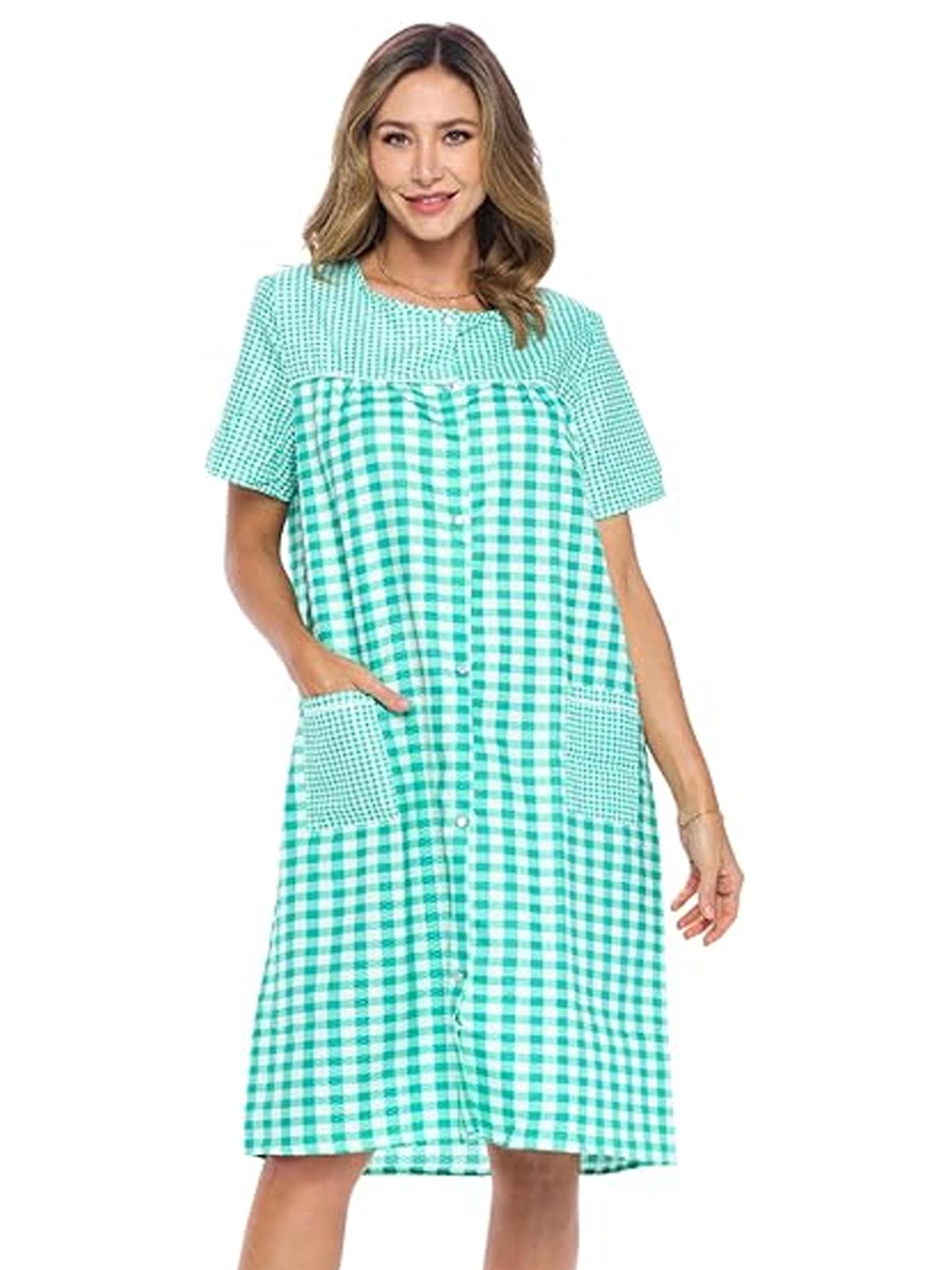 Casual Nights Women's Snap - Front House Dress Short Sleeve Woven Housecoat Duster Lounger Robe with Pockets