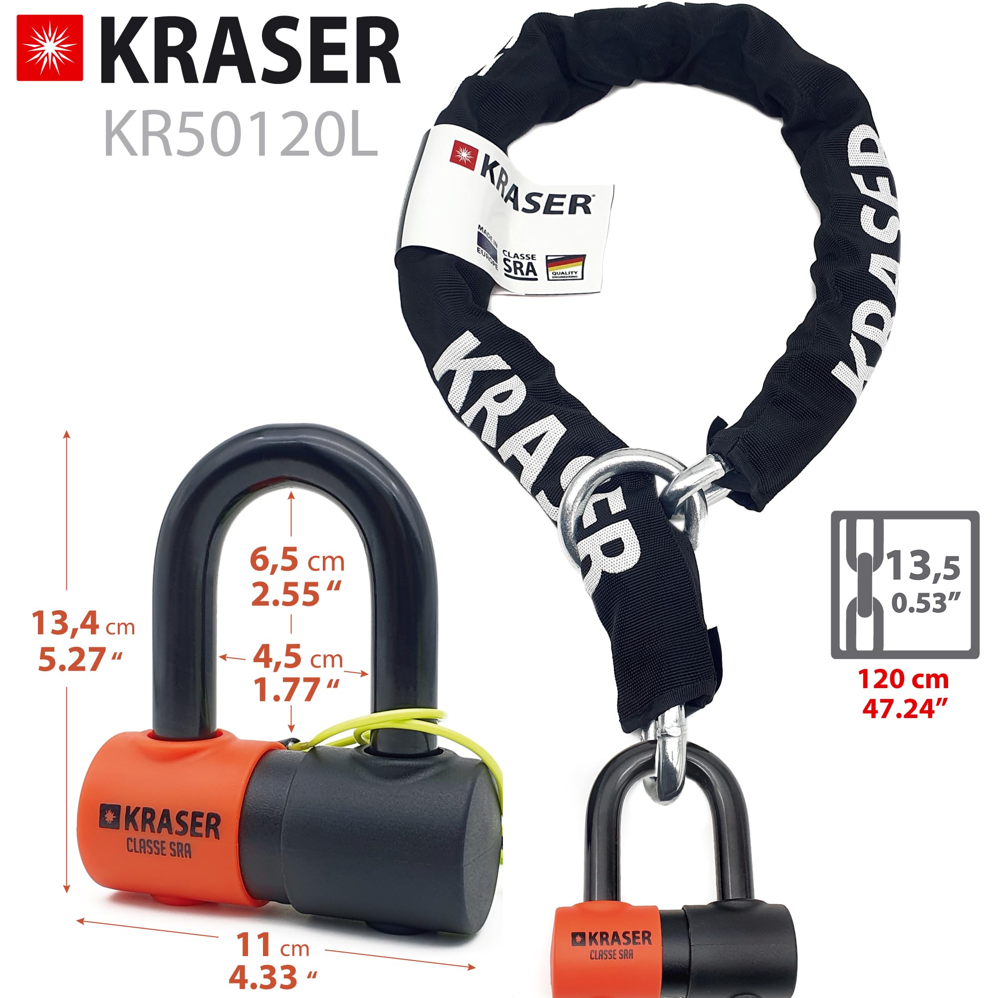 KRASER KR50120L Antivol Moto Homologué SRA | Chaîne ø13,5 Haute Sécurité Acier Cémenté Testée + Robust Mini U ø18mm, 3 Clés (autres 2), Bloque Disque + Chaîne, 2en1, Recommandé Assurances, 120cm Lasso