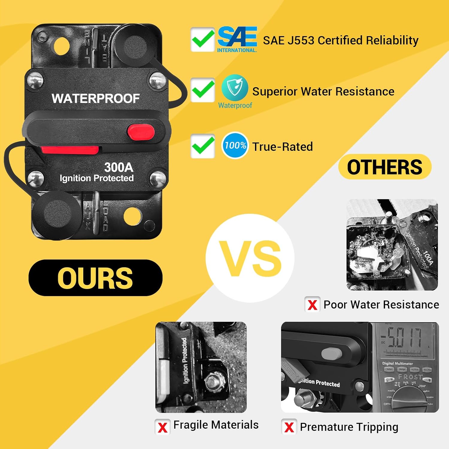 300Amp Circuit Breaker DC 12V-48V for Marine Boat Trolling Motor Automotive RV Trailer Car Solar System Battery Disconnect with Manual Reset Switch, IP67 Waterproof (Pack of 2)
