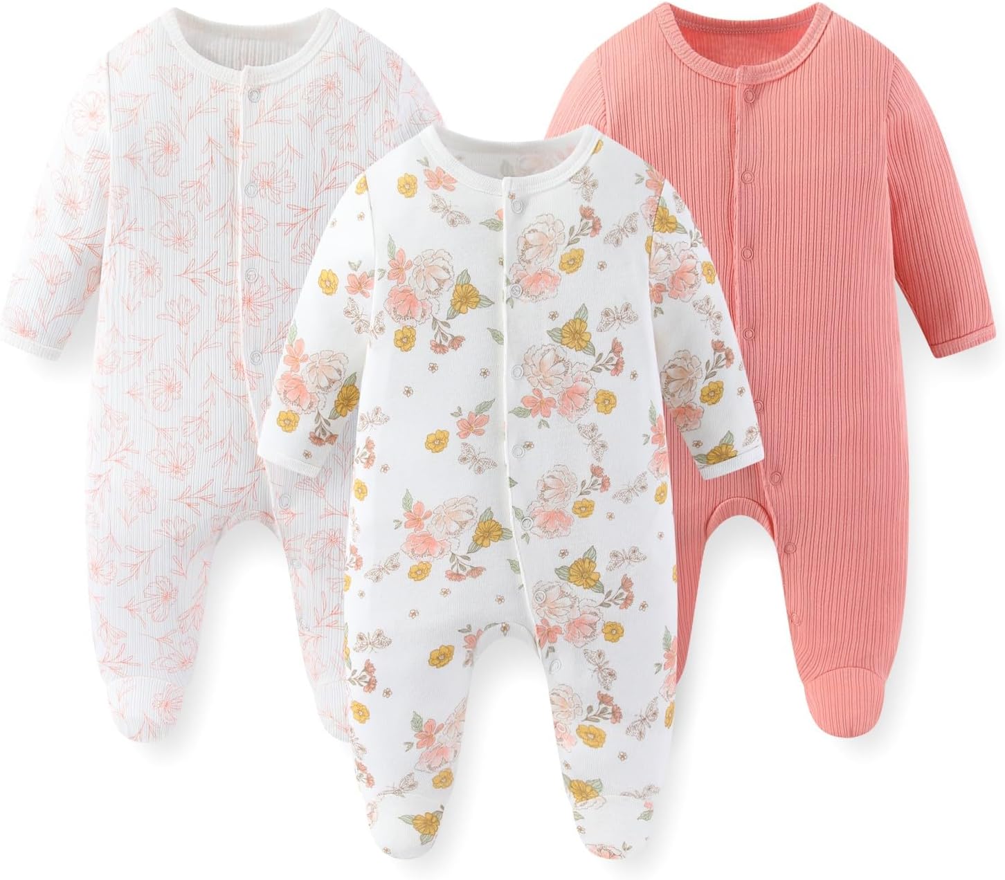 Unisex Baby Boy Girl Footies Rompers Cotton Long Sleeve 3 Pack Infant Jumpsuits 0-12Months Babies' Outfits