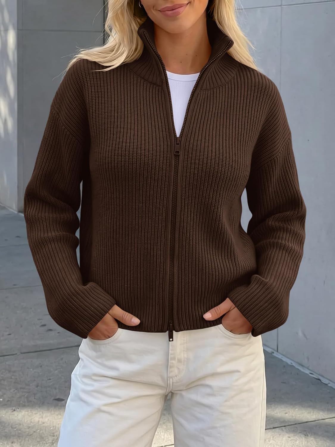 Womens Zip Up Chunky Cardigan Ribbed Knit Mock Neck Sweater Jacket