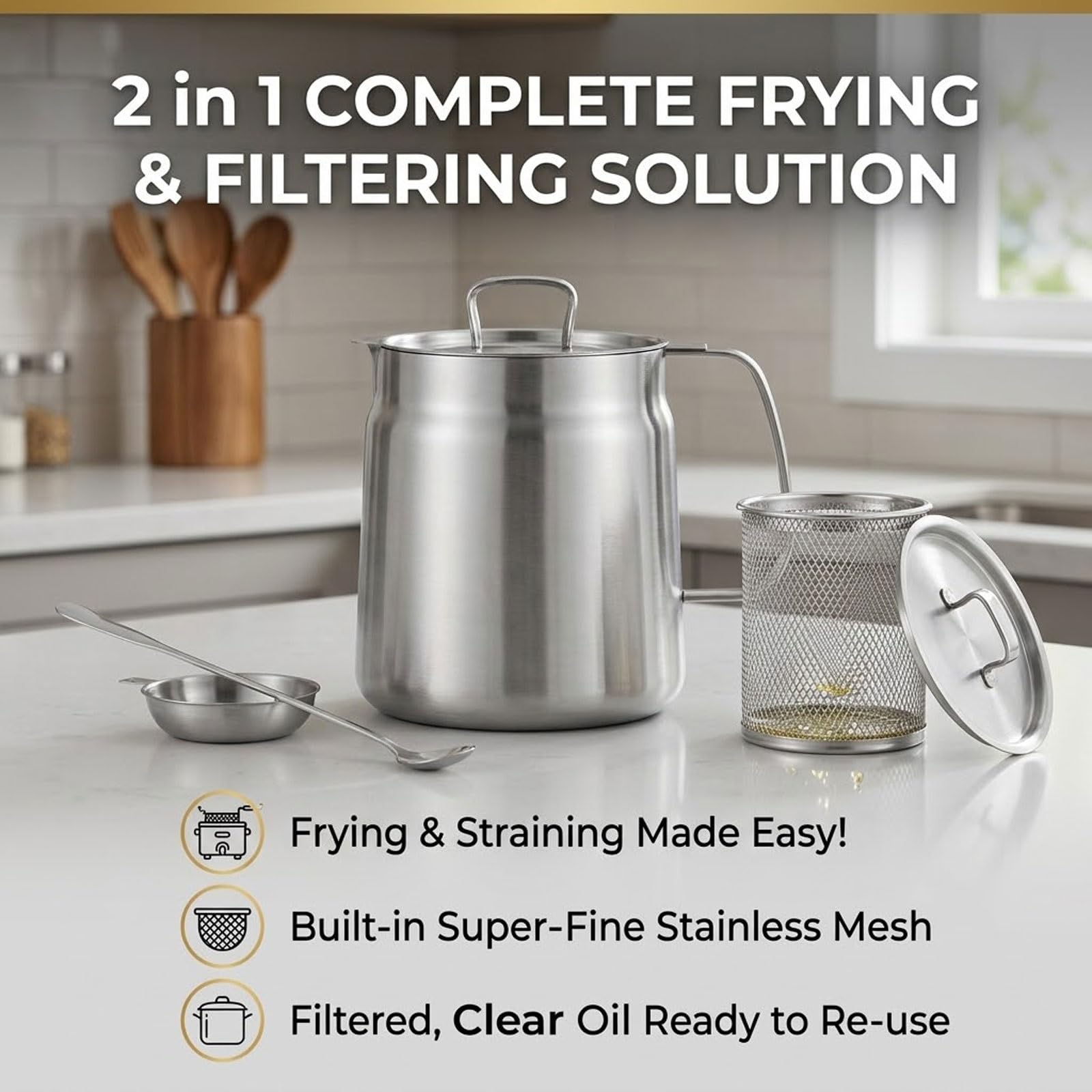 Genérico Olla Colador De Aceite Multifuncional 2 En 1, Freidora De 1.5 L (51 Oz) Con Cesta, Filtro De Malla Fina Y Cucharón De Acero Inoxidable Gratis